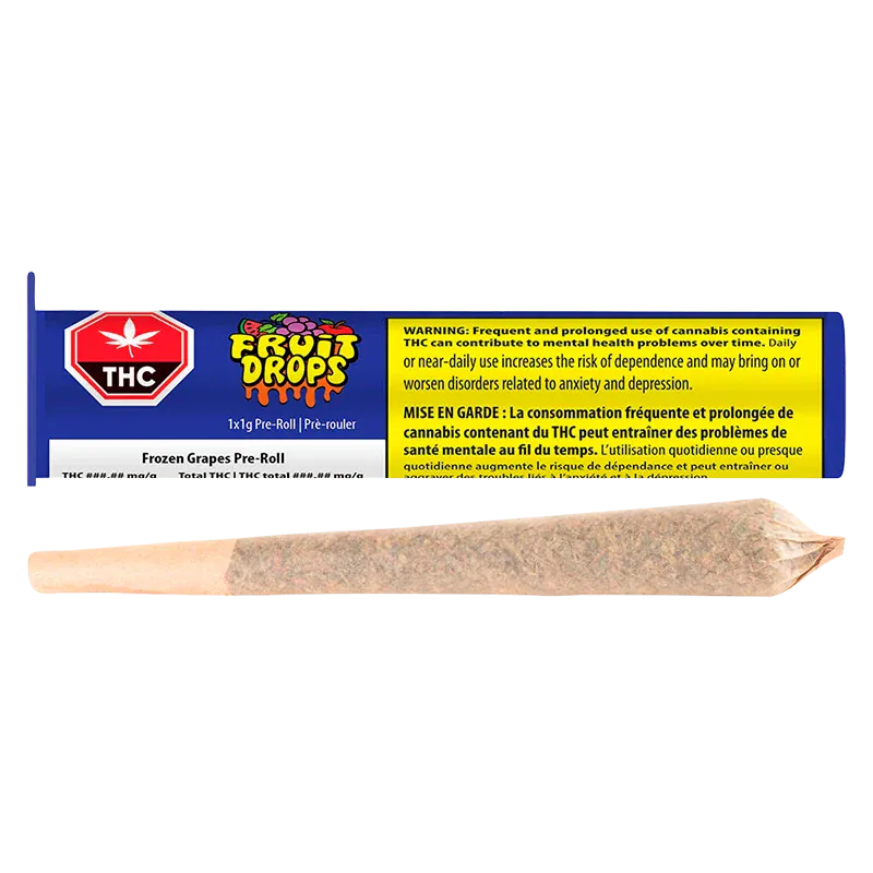 Horizontal view of a single rolled joint in front of the colorful Frozen Grapes PR 1 x 1 g packaging showing a blue label, THC symbol and yellow warning box.