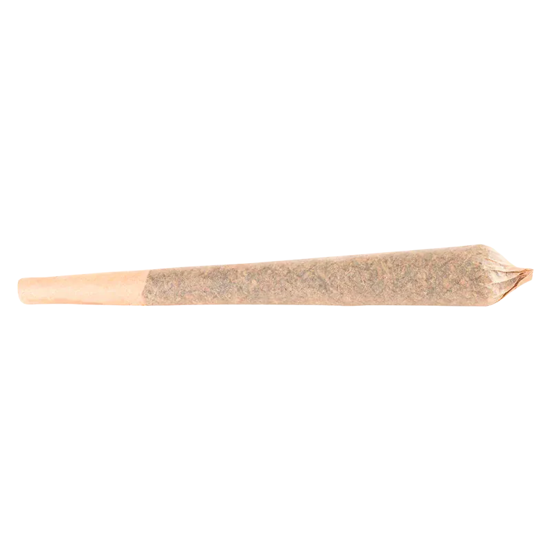 Side profile of a rolled joint labeled Frozen Grapes PR 1 x 1 g resting on a white background.