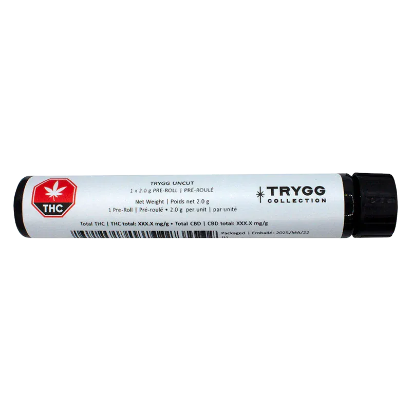 Horizontal studio shot of the Uncut PR 1 x 2 g tube with white label and TRYGG Collection logo against a white background.