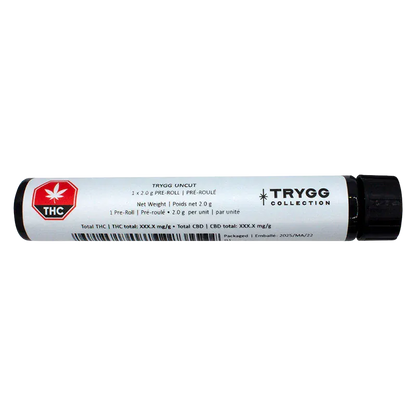 Horizontal studio shot of the Uncut PR 1 x 2 g tube with white label and TRYGG Collection logo against a white background.