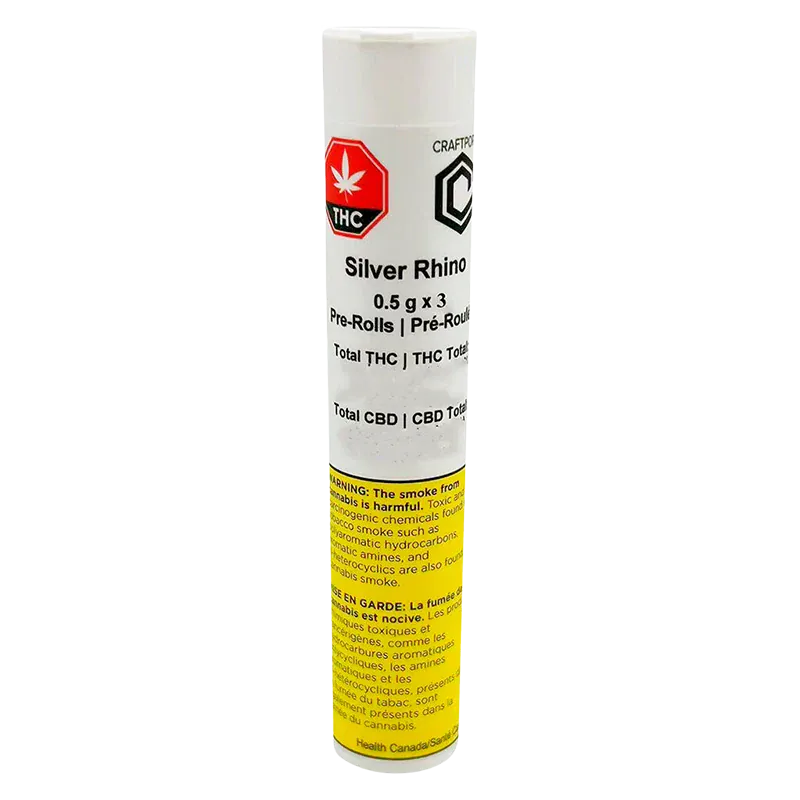 Front view of the cylindrical packaging labeled Silver Rhino PR 3 x 0.5 g showing white top, THC symbol, and a yellow warning panel at the base