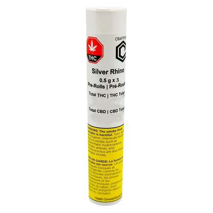 Front view of the cylindrical packaging labeled Silver Rhino PR 3 x 0.5 g showing white top, THC symbol, and a yellow warning panel at the base