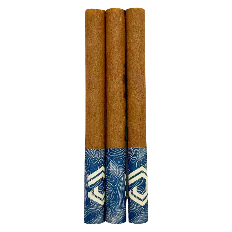 Top-down view of three brown pre-rolls with blue patterned paper tips, titled Silver Rhino PR 3 x 0.5 g.