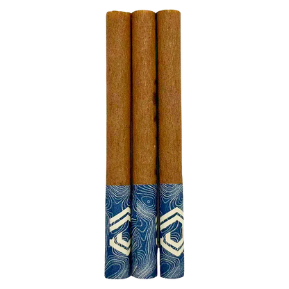Top-down view of three brown pre-rolls with blue patterned paper tips, titled Silver Rhino PR 3 x 0.5 g.