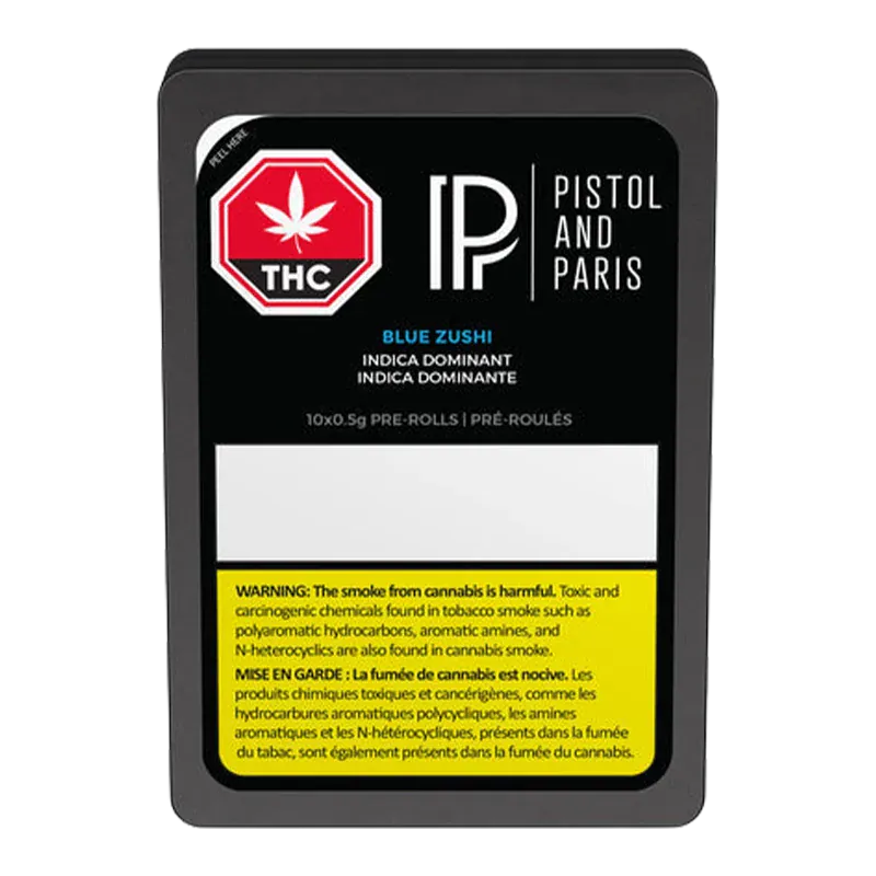 Front-facing shot of the "Blue Zushi PR 10 x 0.5 g" black tin with Pistol and Paris logo, THC symbol, and a yellow warning panel.