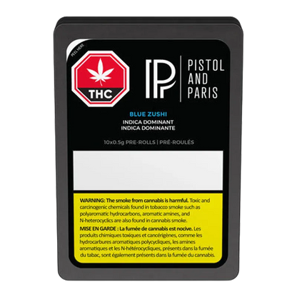 Front-facing shot of the "Blue Zushi PR 10 x 0.5 g" black tin with Pistol and Paris logo, THC symbol, and a yellow warning panel.
