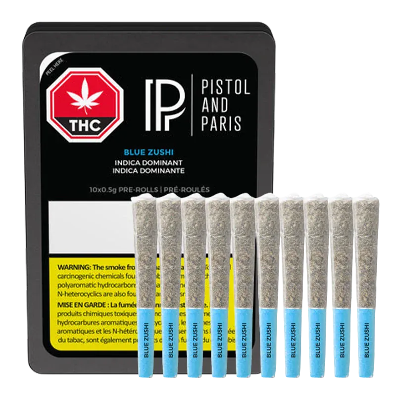 Front view of a tin and ten pre-rolls labeled Blue Zushi PR 10 x 0.5 g with blue filters standing upright against the black packaging.