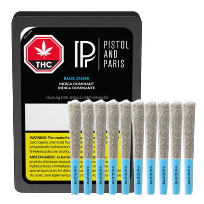 Front view of a tin and ten pre-rolls labeled Blue Zushi PR 10 x 0.5 g with blue filters standing upright against the black packaging.