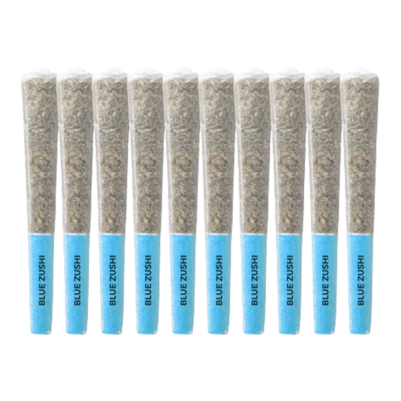 Row of ten pre-rolled cones photographed front-on, each with a visible blue filter labeled "Blue Zushi PR 10 x 0.5 g".