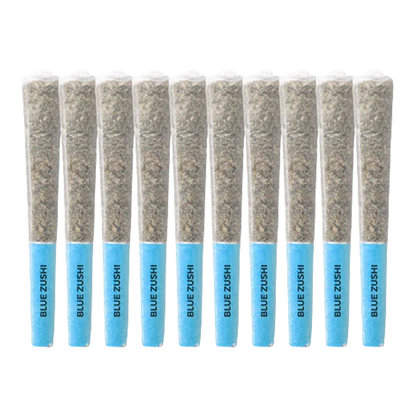 Row of ten pre-rolled cones photographed front-on, each with a visible blue filter labeled "Blue Zushi PR 10 x 0.5 g".
