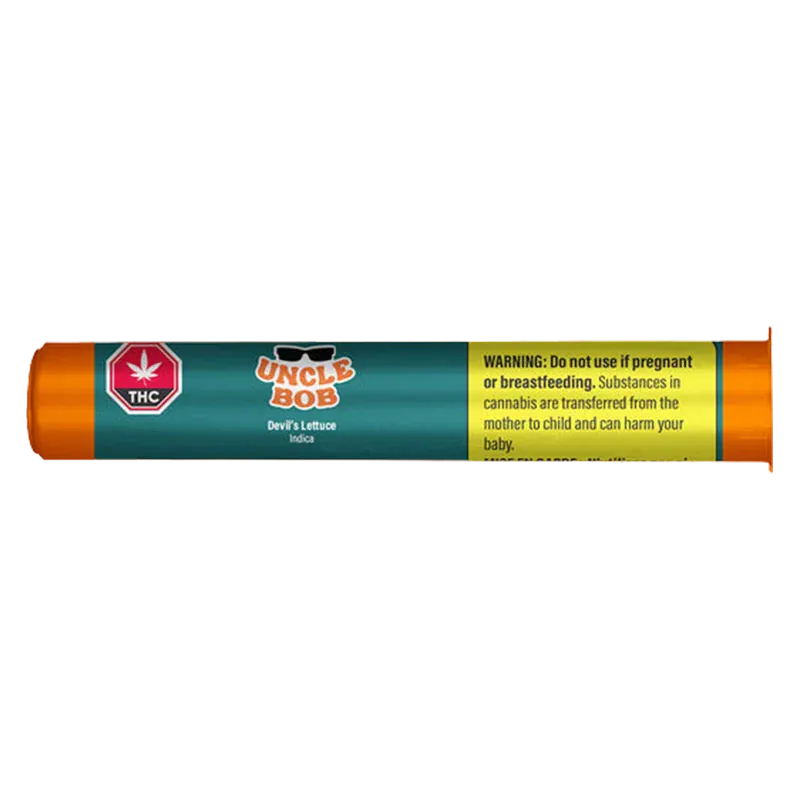 Horizontal close-up of the orange tube packaging labeled "Uncle Bob Devil's Lettuce PR 1 x 0.5 g" showing teal branding, a THC symbol, and a yellow warning panel.