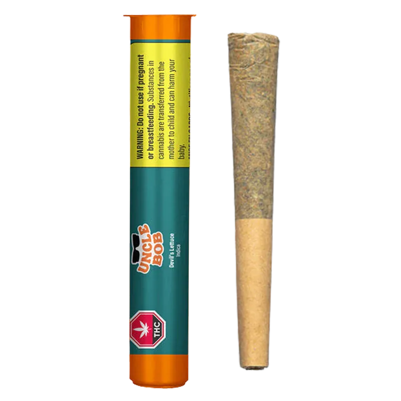 Vertical studio shot of a green and orange tube next to a rolled cone of cannabis labeled "Devil's Lettuce PR 1 x 0.5 g" on the tube.