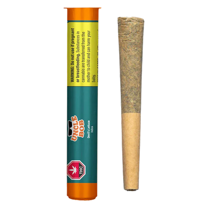 Vertical studio shot of a green and orange tube next to a rolled cone of cannabis labeled "Devil's Lettuce PR 1 x 0.5 g" on the tube.