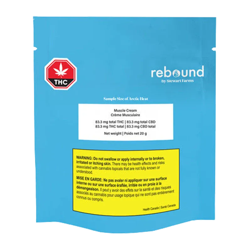 Front-facing shot of the blue pouch labeled Rebound Arctic Heat Muscle Cream with a THC symbol and warning panel.