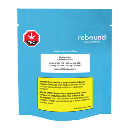 Front-facing shot of the blue pouch labeled Rebound Arctic Heat Muscle Cream with a THC symbol and warning panel.