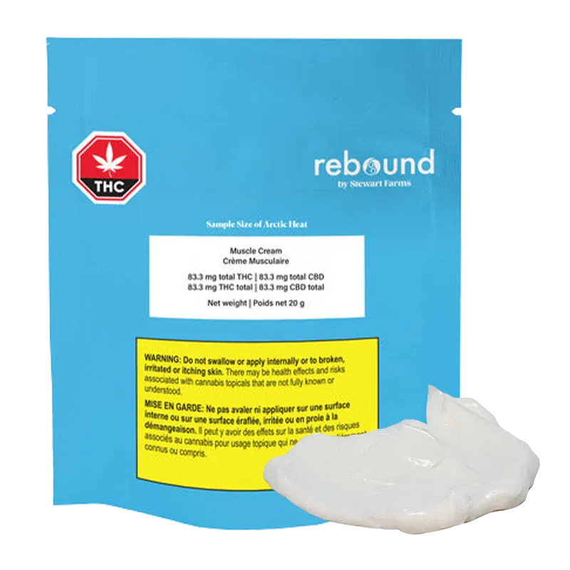 Front-facing shot of the blue pouch and white cream smear of Arctic Heat Muscle Cream, showing the rebound logo and warning label.