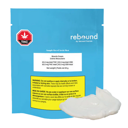 Front-facing shot of the blue pouch and white cream smear of Arctic Heat Muscle Cream, showing the rebound logo and warning label.