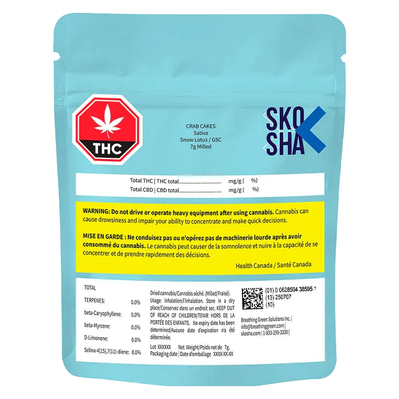 Rear view of the turquoise pouch showing label text and warnings for Crab Cakes Premium with a bold THC icon and SKOSHA logo.
