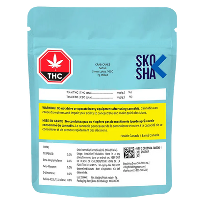 Rear view of the turquoise pouch showing label text and warnings for Crab Cakes Premium with a bold THC icon and SKOSHA logo.