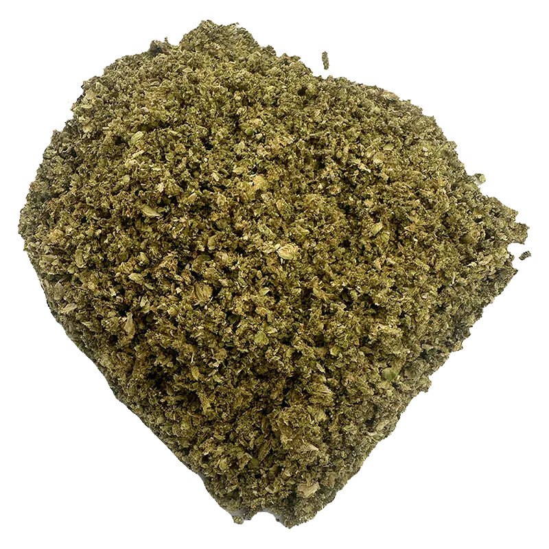 Top-down close-up of a loose mound of green flakes labeled Crab Cakes Premium against a white background.
