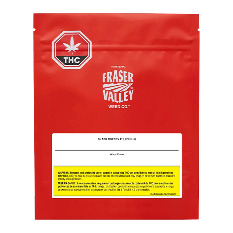 Front-facing image of the red Fraser Valley Black Cherry Pie pouch with white logo and THC symbol against a white background.