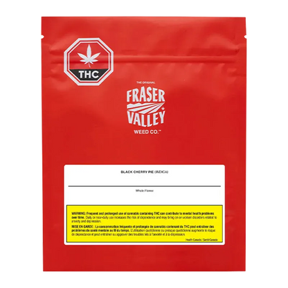 Front-facing image of the red Fraser Valley Black Cherry Pie pouch with white logo and THC symbol against a white background.
