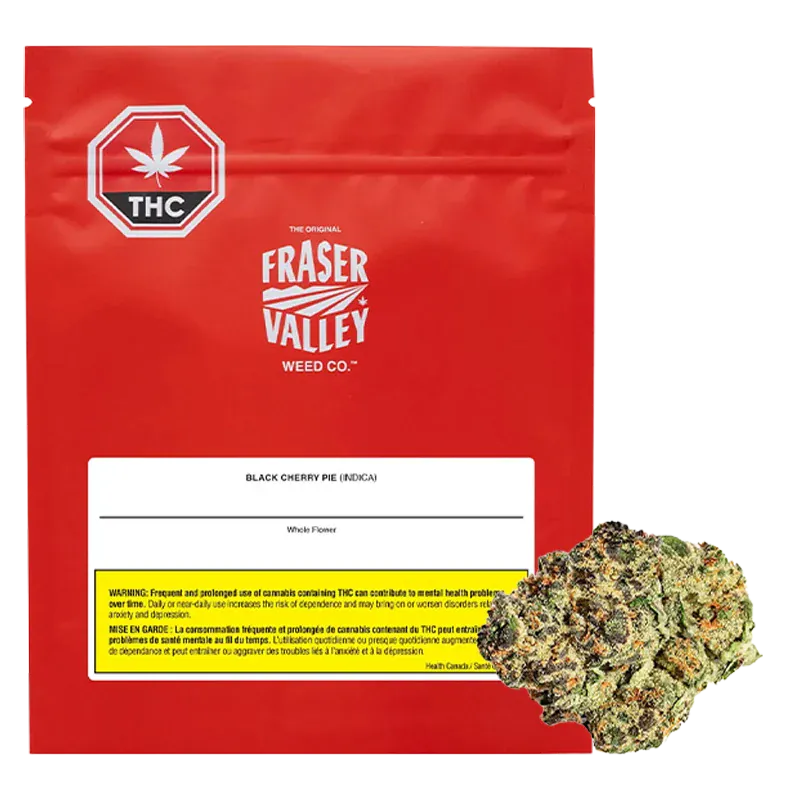 Front-facing red pouch labeled Fraser Valley Black Cherry Pie with a cannabis bud placed at the lower right corner.