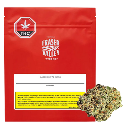 Front-facing red pouch labeled Fraser Valley Black Cherry Pie with a cannabis bud placed at the lower right corner.