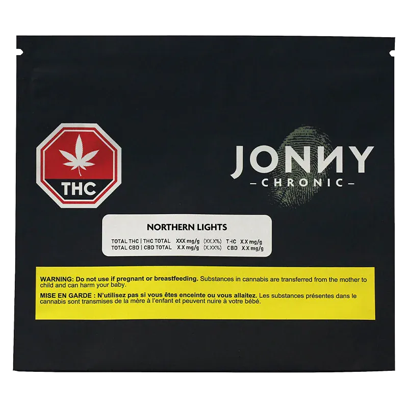 Top-down view of a black Jonny Chronic Northern Lights package with a white product label, red THC emblem at left, and a yellow warning strip.