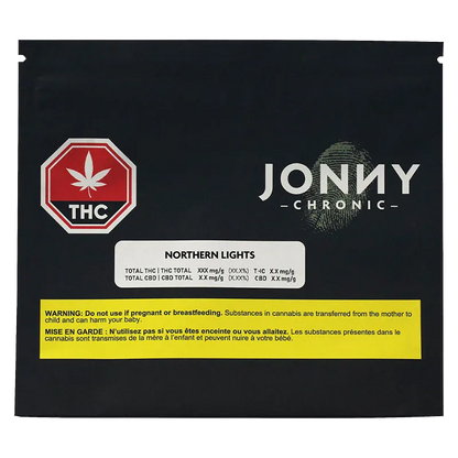 Top-down view of a black Jonny Chronic Northern Lights package with a white product label, red THC emblem at left, and a yellow warning strip.