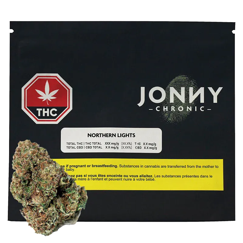 Front-facing black pack with a white label and green fingerprint logo, showing "Jonny Chronic Northern Lights" beside a cannabis bud.