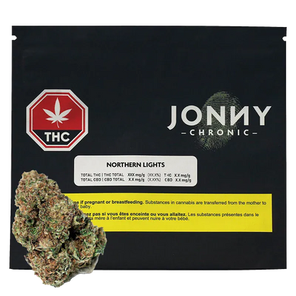 Front-facing black pack with a white label and green fingerprint logo, showing "Jonny Chronic Northern Lights" beside a cannabis bud.