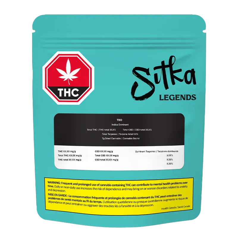 Rear view of the teal Sitka Legends TKO pouch with a centered black label, THC warning icon at top left, and yellow health warning strip at bottom