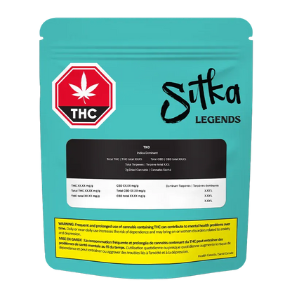 Rear view of the teal Sitka Legends TKO pouch with a centered black label, THC warning icon at top left, and yellow health warning strip at bottom