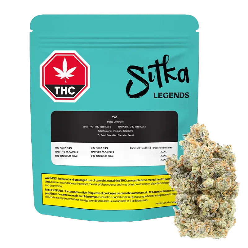 Front view of the turquoise Sitka Legends TKO pouch with a black label and a cannabis bud placed in front, lit from the right.