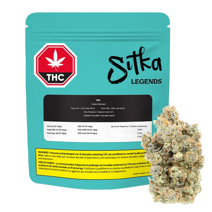 Front view of the turquoise Sitka Legends TKO pouch with a black label and a cannabis bud placed in front, lit from the right.