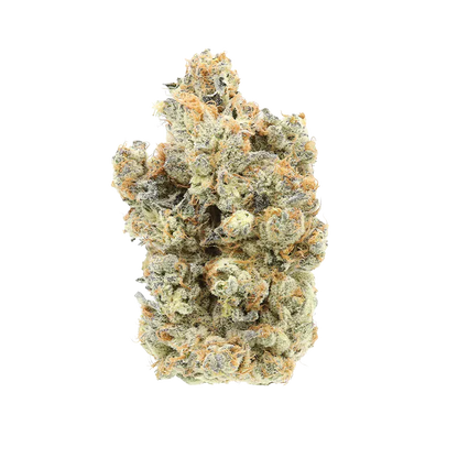 Top-down close-up of a frosty cannabis bud labeled "TKO" showing dense green nugs with orange hairs and white trichomes on a white background.