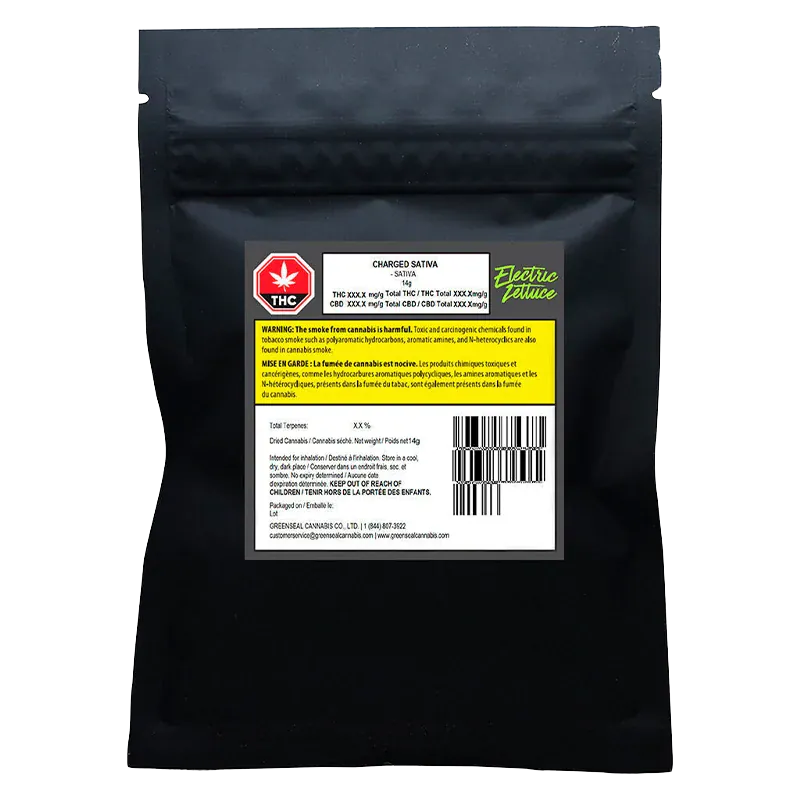 Front-facing shot of the black pouch labeled "Charged" from Electric Lettuce, showing a centered white warning label, THC symbol, and yellow caution block.