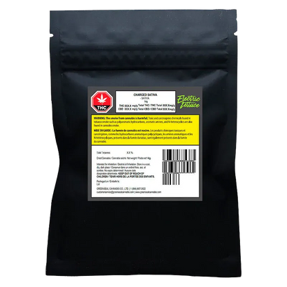 Front-facing shot of the black pouch labeled "Charged" from Electric Lettuce, showing a centered white warning label, THC symbol, and yellow caution block.