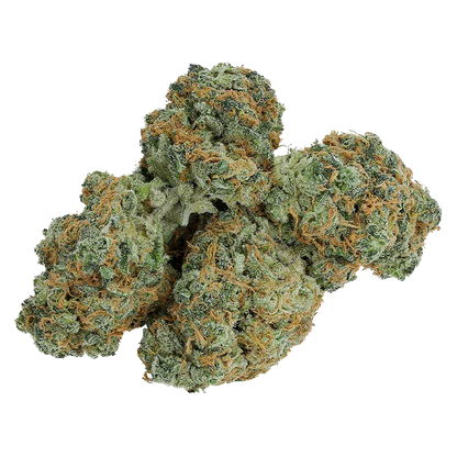 Close-up top-down view of a cluster of Charged buds showing frosty green nugs with dense orange hairs against a white background.