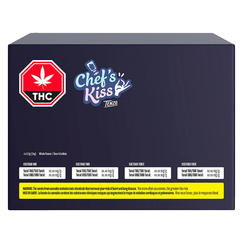 Front-facing view of the dark navy box featuring the Chef's Kiss logo and a red THC stop-sign emblem on its upper left.