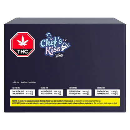 Front-facing view of the dark navy box featuring the Chef's Kiss logo and a red THC stop-sign emblem on its upper left.