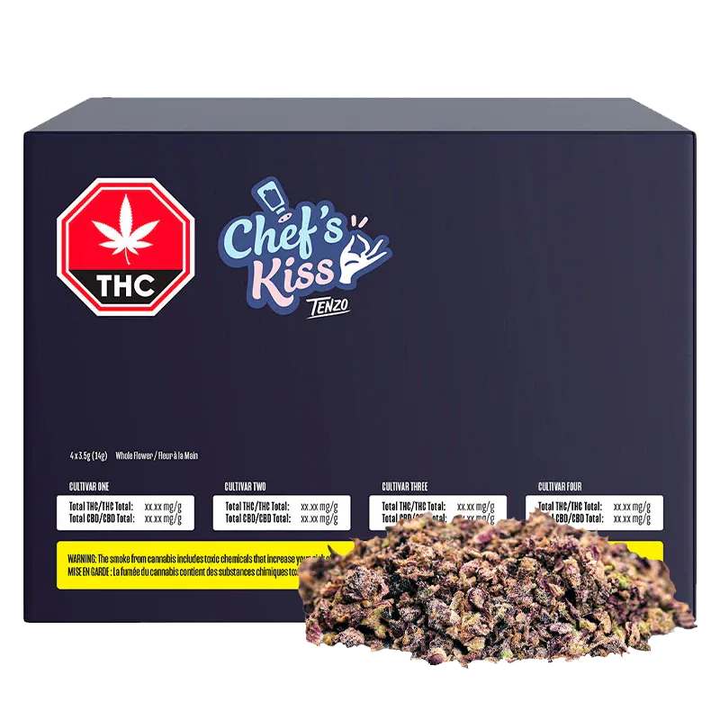 Dark navy box seen from the front with a pile of dried buds at its base, labeled "Chef's Kiss" in playful blue script on the upper center.