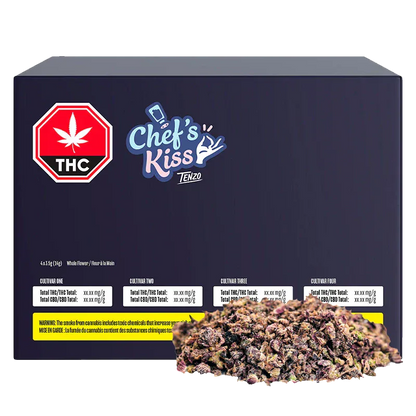 Dark navy box seen from the front with a pile of dried buds at its base, labeled "Chef's Kiss" in playful blue script on the upper center.