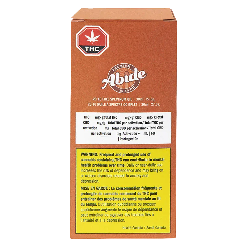 Rear view of the orange box for 20:10 Full Spectrum Oil by Abide showing label panels, THC symbol, and a yellow warning block.