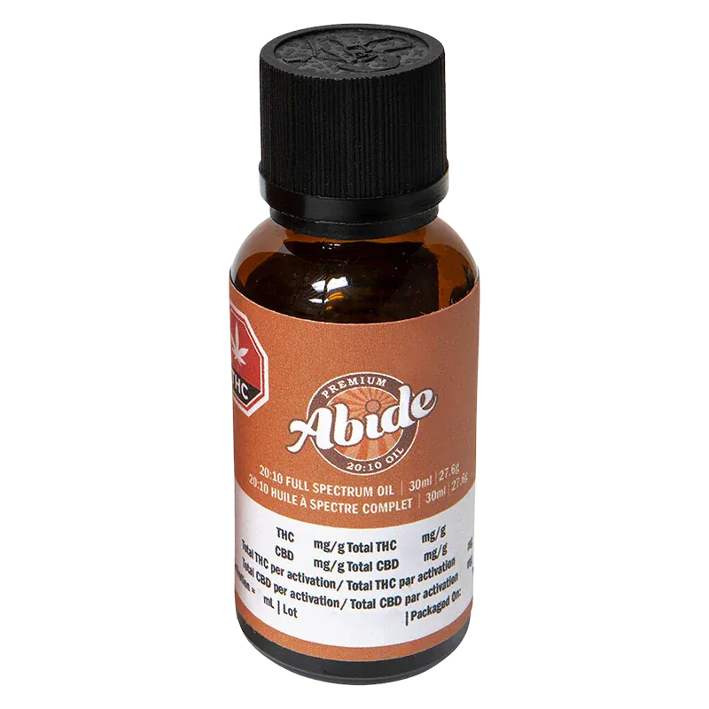 Front-facing shot of the amber bottle labeled "Abide 20:10 Full Spectrum Oil" with a black ribbed cap and a brown-and-white product label.
