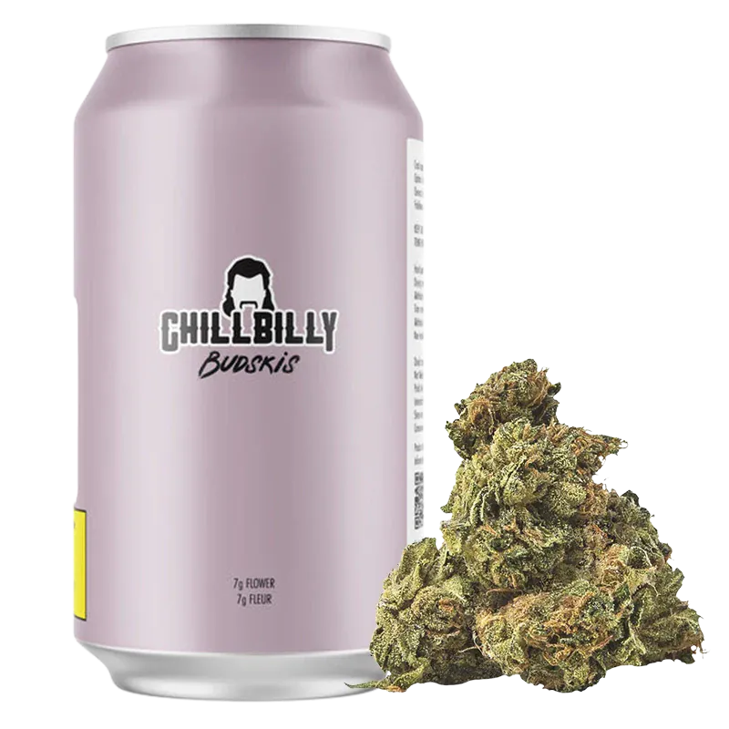 Front-facing shot of a lavender can labeled "Purple Cow Tipper Budski" next to a small pile of green, trichome-covered buds.