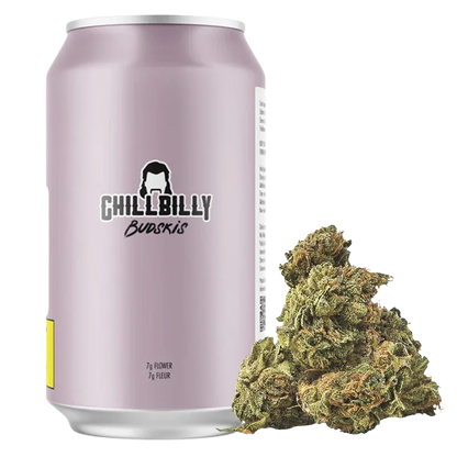 Front-facing shot of a lavender can labeled "Purple Cow Tipper Budski" next to a small pile of green, trichome-covered buds.