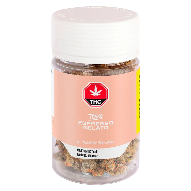 Front view of a clear jar labeled Tenzo Espresso Gelato showing cannabis buds through a peach label and white cap on a white background