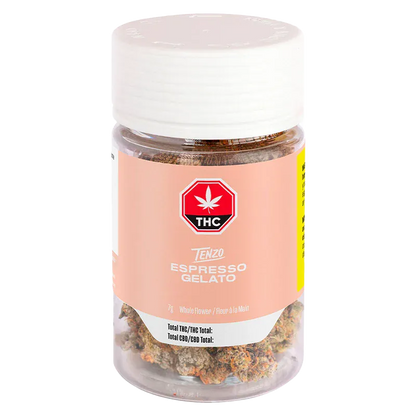 Front view of a clear jar labeled Tenzo Espresso Gelato showing cannabis buds through a peach label and white cap on a white background